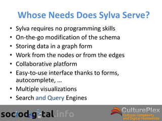 Whose Needs Does Sylva Serve?
• Sylva requires no programming skills
• On-the-go modification of the schema
• Storing data in a graph form
• Work from the nodes or from the edges
• Collaborative platform
• Easy-to-use interface thanks to forms,
  autocomplete, …
• Multiple visualizations
• Search and Query Engines
 