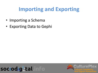 Importing and Exporting
• Importing a Schema
• Exporting Data to Gephi
 
