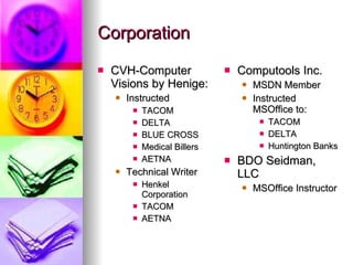 Corporation CVH-Computer Visions by Henige: Instructed TACOM DELTA BLUE CROSS Medical Billers AETNA Technical Writer Henkel Corporation TACOM AETNA Computools Inc. MSDN Member Instructed MSOffice to: TACOM DELTA Huntington Banks BDO Seidman, LLC MSOffice Instructor 