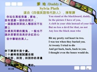 爹 地 /Daddy 6 Sylvia Plath 選自《四個英語現代詩人》 ,  陳黎譯 你站在黑板旁邊，爹地， 我有這麼一張你的照片， 一道裂痕深深刻入顎部而不在腳上 但還是同樣的魔鬼，一點也不 遜於那曾把我美好赤紅的心   從中擊破的黑人。 你下葬那年我十歲。 二十歲時我就試圖自殺 想回到，回到，回到你的身邊。 我以為屍骨也是一樣的。 You stand at the blackboard, daddy, In the picture I have of you, A cleft in your chin instead of your foot But no less a devil for that, no not  Any less the black man who Bit my pretty red heart in two. I was ten when they buried you. At twenty I tried to die And get back, back, back to you. I thought even the bones would do. 談玉儀 