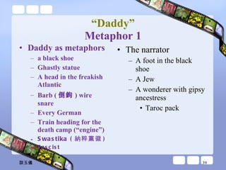 “ Daddy” Metaphor 1 Daddy as metaphors  a black shoe Ghastly statue A head in the freakish Atlantic Barb ( 倒鉤 ) wire snare Every German Train heading for the death camp (“engine”) Swastika ( 納粹黨徽 ) Fascist The narrator A foot in the black shoe A Jew A wonderer with gipsy ancestress Taroc pack 談玉儀 