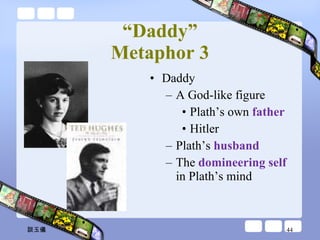 “ Daddy” Metaphor 3 Daddy A God-like figure Plath’s own  father Hitler Plath’s  husband The  domineering self  in Plath’s mind 談玉儀 
