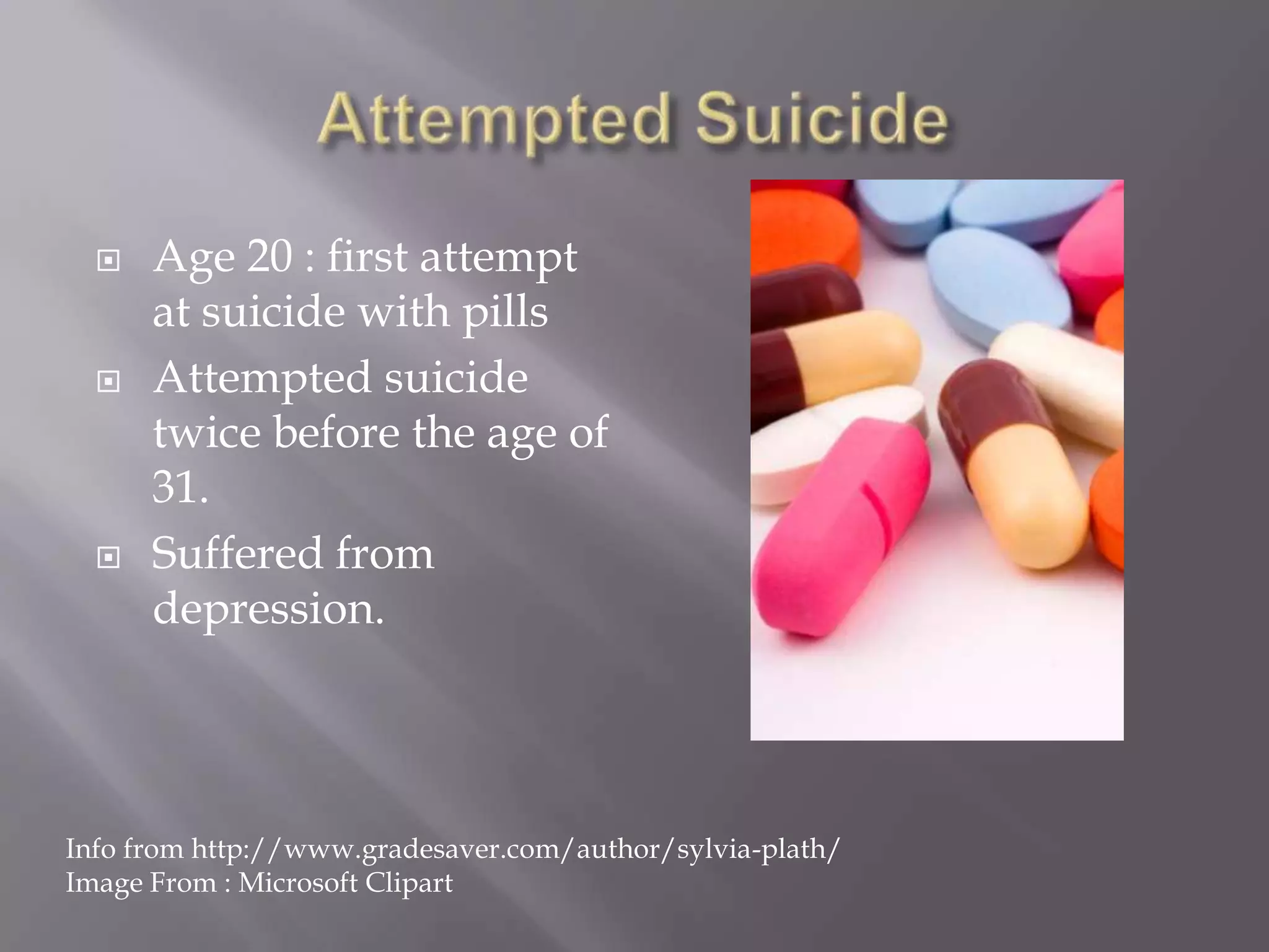 Attempted SuicideAge 20 : first attempt at suicide with pillsAttempted suicide twice before the age of 31.Suffered from depression.Info from http://www.gradesaver.com/author/sylvia-plath/ Image From : Microsoft Clipart