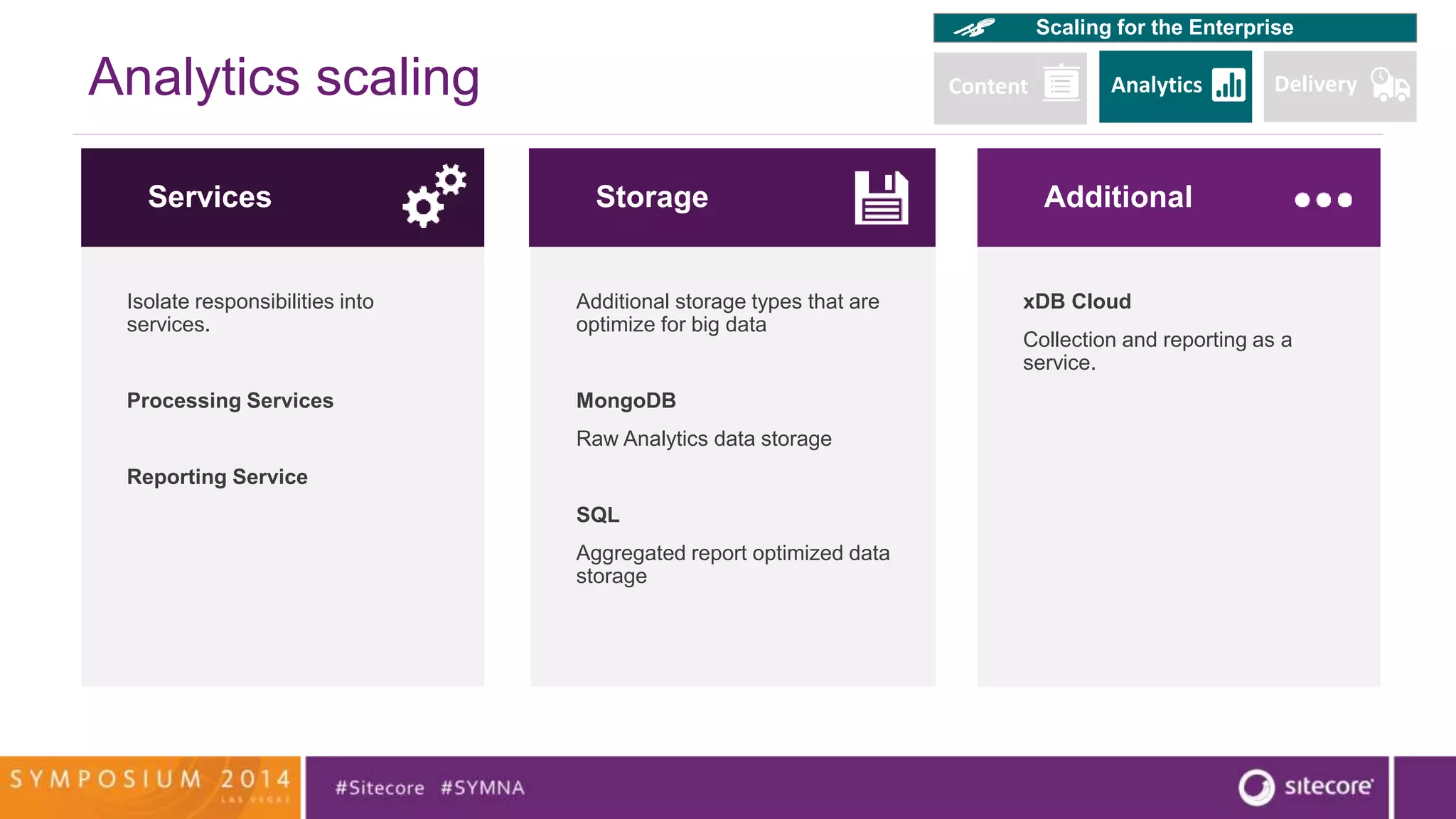 Analytics scaling 
Services 
Isolate responsibilities into 
services. 
Processing Services 
Reporting Service 
Storage 
Additional storage types that are 
optimize for big data 
MongoDB 
Raw Analytics data storage 
SQL 
Aggregated report optimized data 
storage 
Scaling for the Enterprise 
Content Analytics Delivery 
Additional 
xDB Cloud 
Collection and reporting as a 
service. 
 