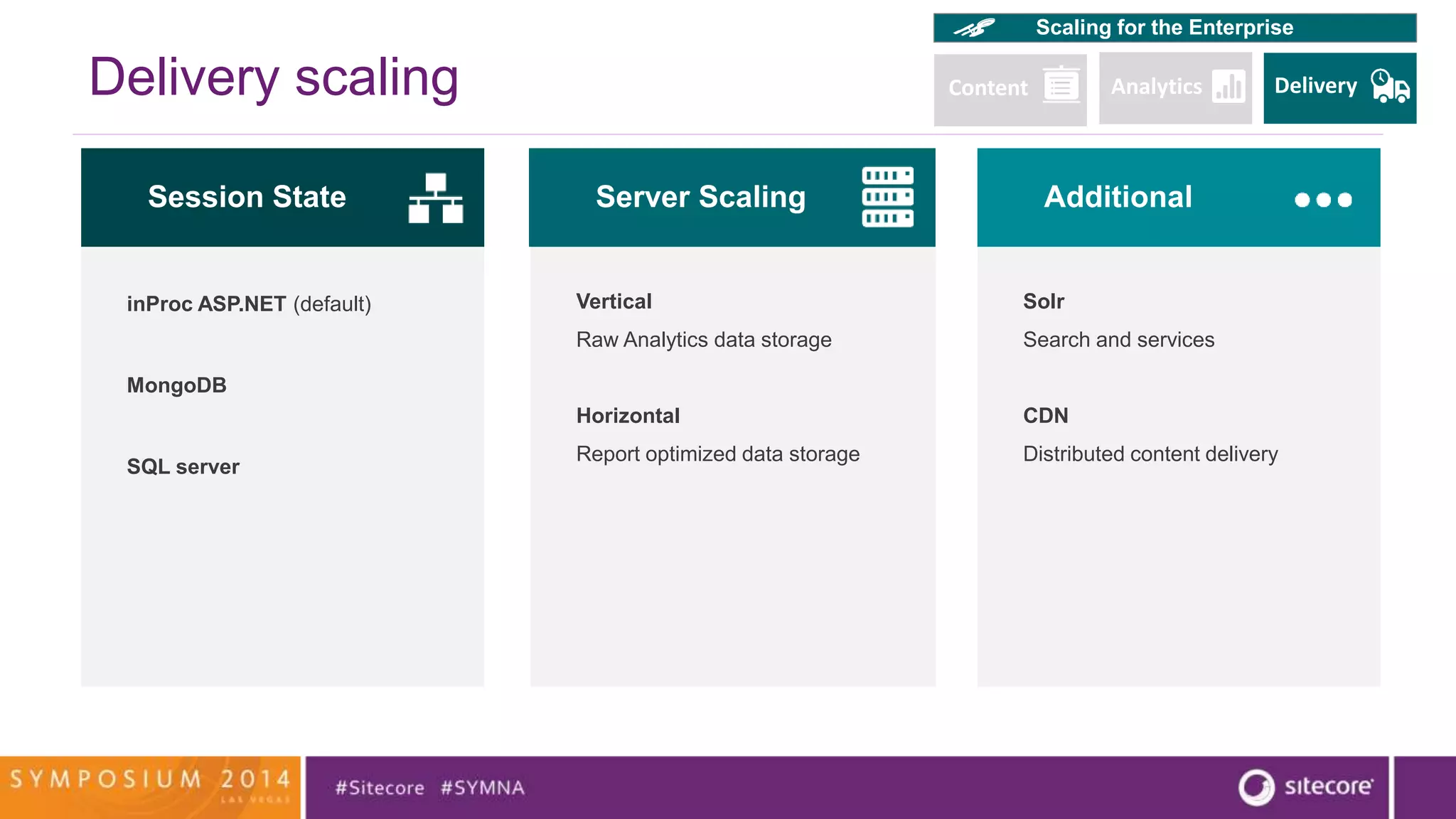 Delivery scaling 
Session State 
inProc ASP.NET (default) 
MongoDB 
SQL server 
Server Scaling 
Vertical 
Raw Analytics data storage 
Horizontal 
Report optimized data storage 
Scaling for the Enterprise 
Content Analytics Delivery 
Additional 
Solr 
Search and services 
CDN 
Distributed content delivery 
 
