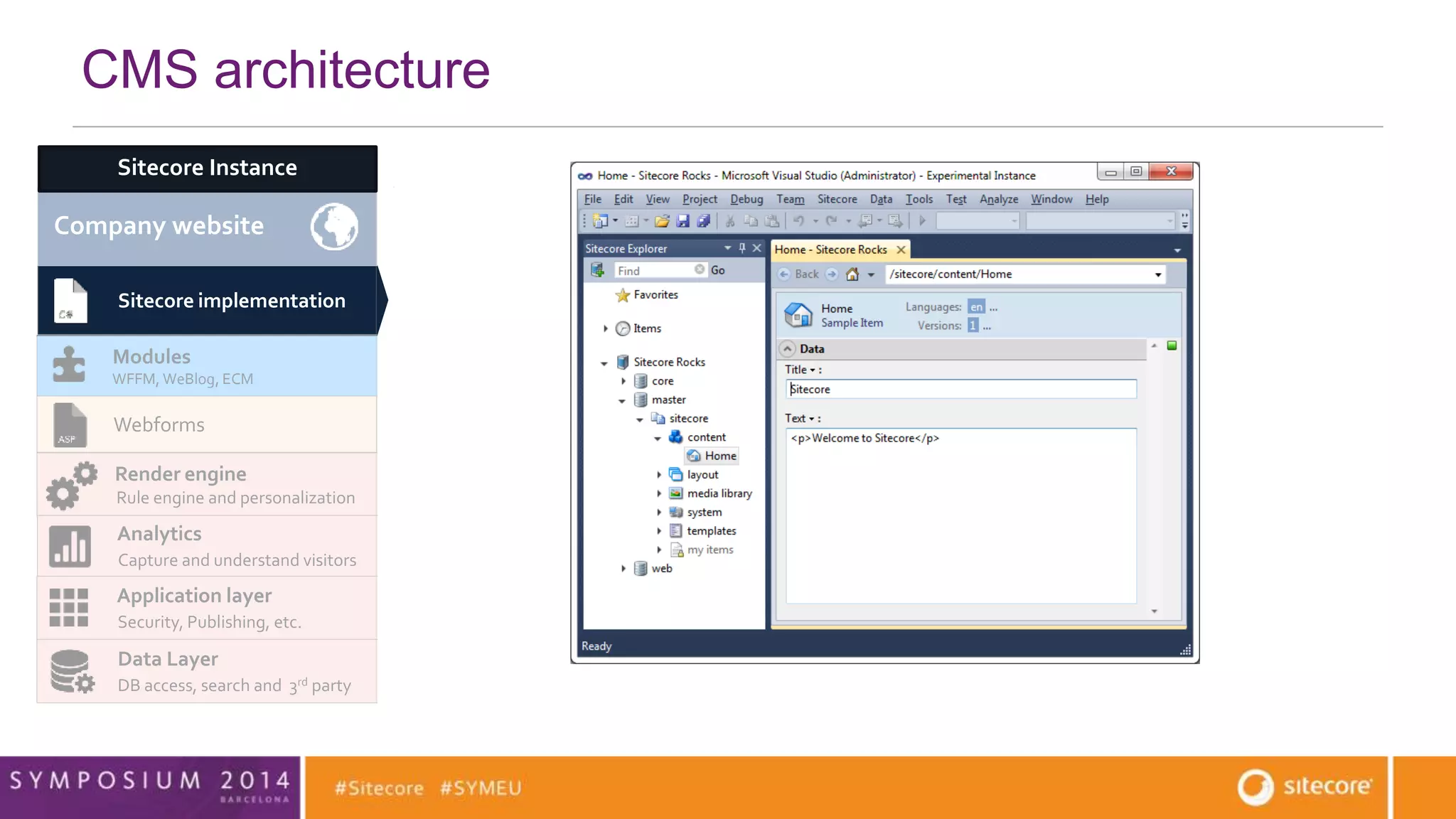Company website Community website Mobile App 
Modules 
WFFM, WeBlog, ECM 
CMS developer 
CMS architecture 
Render engine 
Rule engine and personalization 
Application layer 
Security, Publishing, etc. 
SPEAK UI SheerUI 
Sitecore implementation 
MVC Sitecore Services (JSON) 
Data Layer 
DB access, search and 3rd party data access 
Mobile SDK 
Webforms 
Analytics 
Capture and understand visitors 
Reporting API 
Connector x WeBlog Module x 
Sitecore Instance 
 