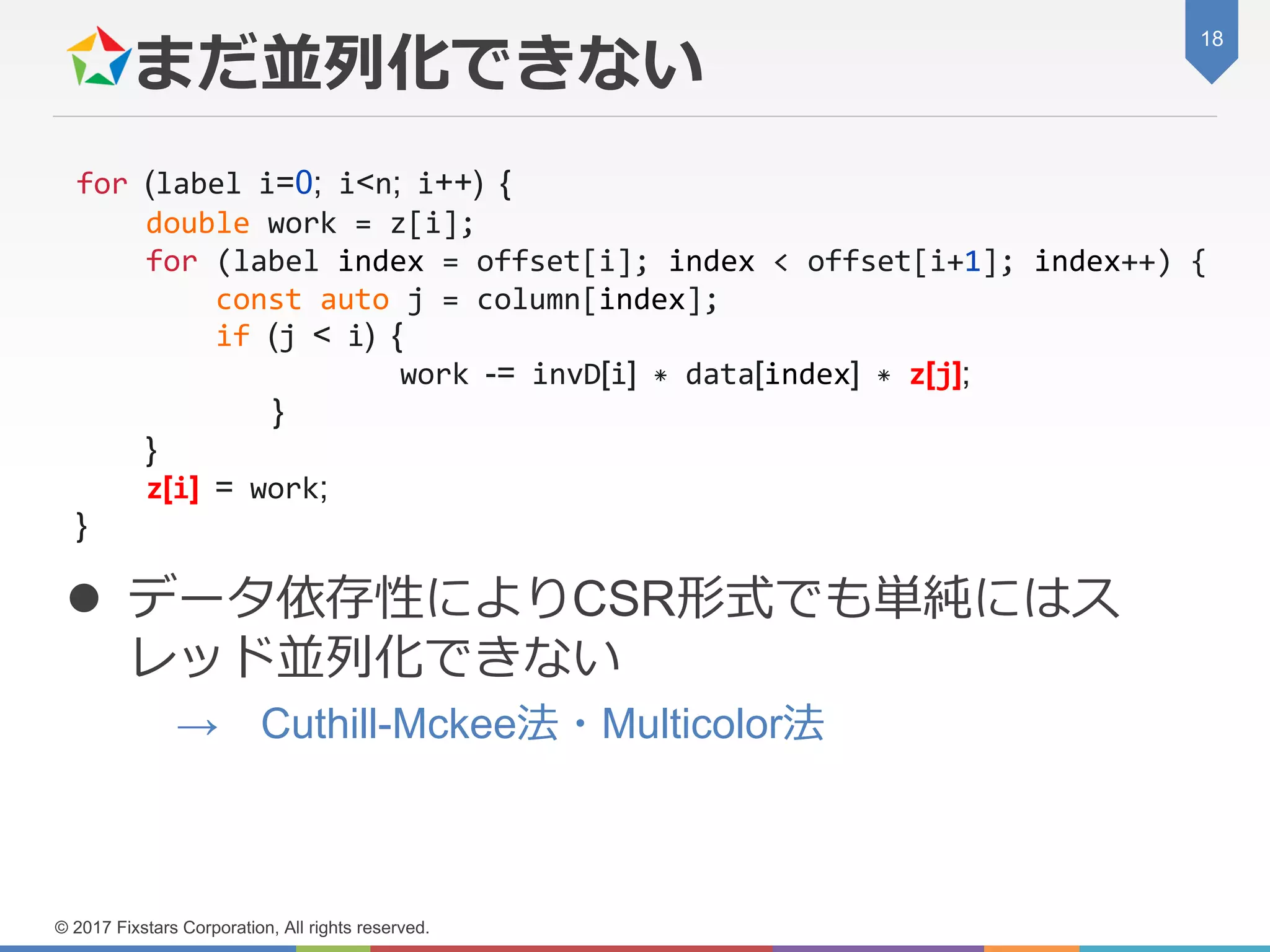 まだ並列化できない
 データ依存性によりCSR形式でも単純にはス
レッド並列化できない
→ Cuthill-Mckee法・Multicolor法
18
© 2017 Fixstars Corporation, All rights reserved.
for (label i=0; i<n; i++) {
double work = z[i];
for (label index = offset[i]; index < offset[i+1]; index++) {
const auto j = column[index];
if (j < i) {
work -= invD[i] * data[index] * z[j];
}
}
z[i] = work;
}
 