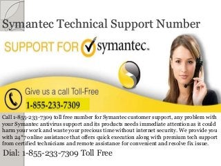 Symantec Technical Support Number
Dial: 1-855-233-7309 Toll Free
Call 1-855-233-7309 toll free number for Symantec customer support, any problem with
your Symantec antivirus support and its products needs immediate attention as it could
harm your work and waste your precious time without internet security. We provide you
with 24*7 online assistance that offers quick execution along with premium tech support
from certified technicians and remote assistance for convenient and resolve fix issue.
 