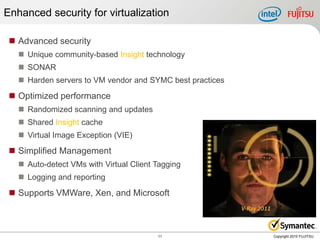 Enhanced security for virtualization

  Advanced security
    Unique community-based Insight technology
    SONAR
    Harden servers to VM vendor and SYMC best practices

  Optimized performance
    Randomized scanning and updates
    Shared Insight cache
    Virtual Image Exception (VIE)
  Simplified Management
    Auto-detect VMs with Virtual Client Tagging
    Logging and reporting

  Supports VMWare, Xen, and Microsoft



                                         11                Copyright 2010 FUJITSU
 