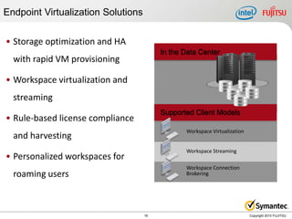 Endpoint Virtualization Solutions

• Storage optimization and HA
                                         In the Data Center
  with rapid VM provisioning

• Workspace virtualization and
  streaming
                                         Supported Client Models
• Rule-based license compliance
                                                Workspace Virtualization
  and harvesting
                                                Workspace Streaming
• Personalized workspaces for
                                                Workspace Connection
  roaming users                                 Brokering




                                    16                                     Copyright 2010 FUJITSU
 