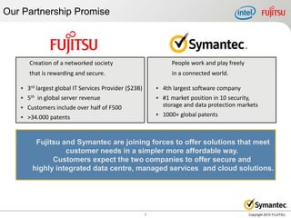 Our Partnership Promise




      Creation of a networked society                          People work and play freely
      that is rewarding and secure.                            in a connected world.

   • 3rd largest global IT Services Provider ($23B)       • 4th largest software company
   • 5th in global server revenue                         • #1 market position in 10 security,
   • Customers include over half of F500                    storage and data protection markets
   • >34.000 patents                                      • 1000+ global patents



        Fujitsu and Symantec are joining forces to offer solutions that meet
                 customer needs in a simpler more affordable way.
             Customers expect the two companies to offer secure and
       highly integrated data centre, managed services and cloud solutions.




                                                      1                                      Copyright 2010 FUJITSU
 