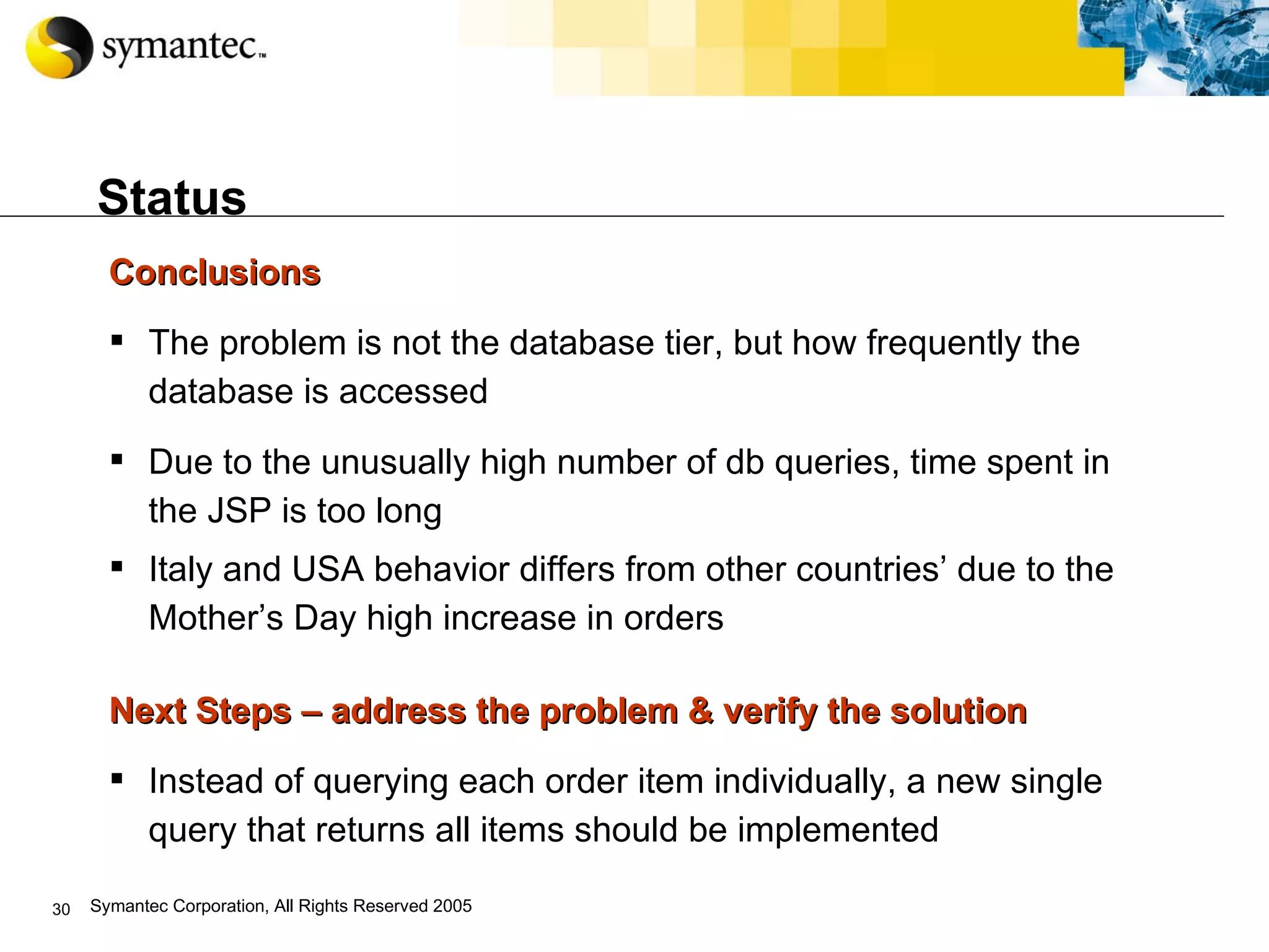 Status Conclusions  The problem is not the database tier, but how frequently the database is accessed Due to the unusually high number of db queries, time spent in the JSP is too long Italy and USA behavior differs from other countries’ due to the Mother’s Day high increase in orders   Next Steps – address the problem & verify the solution Instead of querying each order item individually, a new single query that returns all items should be implemented 