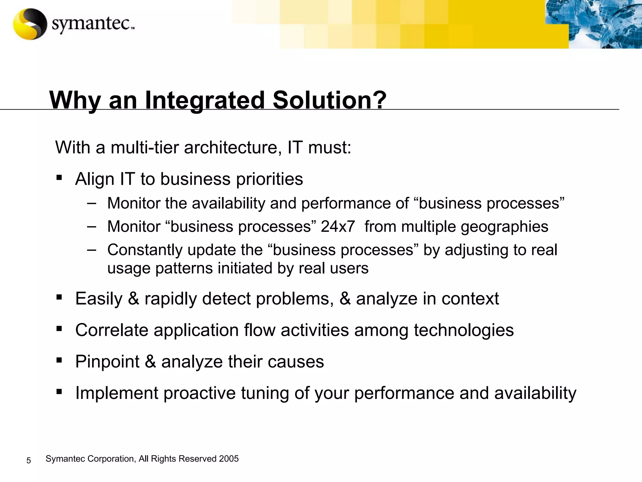 Why an Integrated Solution? With a multi-tier architecture, IT must: Align IT to business priorities Monitor the availability and performance of “business processes” Monitor “business processes” 24x7  from multiple geographies Constantly update the “business processes” by adjusting to real usage patterns initiated by real users Easily & rapidly detect problems, & analyze in context  Correlate application flow activities among technologies Pinpoint & analyze their causes Implement proactive tuning of your performance and availability  
