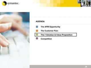 AGENDA The APM Opportunity The Customer Pain The i 3  Solution & Value Proposition Competition 1 2 3 4 