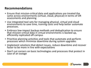 Recommendations
• Ensure that mission-critical data and applications are treated the
  same across environments (virtual, cloud, physical) in terms of DR
  assessments and planning
• Use integrated tool sets for managing physical, virtual and cloud
  environments to save time, training costs and help better automate
  processes.
• Embrace low-impact backup methods and deduplication to ensure
  that mission-critical data in virtual environments is backed up,
  efficiently replicated off campus
• Prioritize planning activities and tools that automate and perform
  processes which minimize downtime during system upgrades
• Implement solutions that detect issues, reduce downtime and recover
  faster to be more in line with expectations
• Don’t cut corners on basic technologies and processes that protect in
  case of an outage
 
