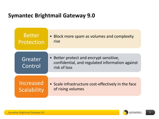 Symantec Brightmail Gateway 9.0


          Better                  • Block more spam as volumes and complexity
        Protection                  rise



           Greater                • Better protect and encrypt sensitive,
                                    confidential, and regulated information against
           Control                  risk of loss


         Increased                • Scale infrastructure cost-effectively in the face
         Scalability                of rising volumes




Symantec Brightmail Gateway 9.0                                                         7
 