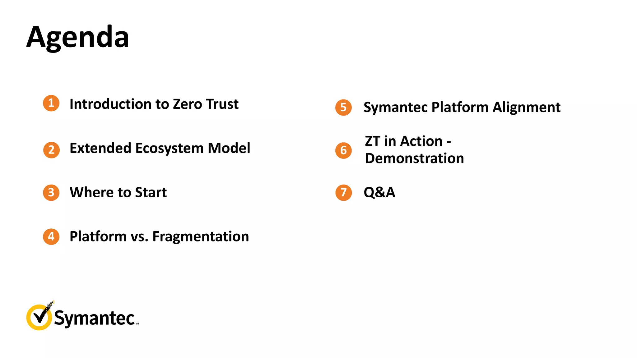 Agenda
Introduction to Zero Trust
Extended Ecosystem Model
Platform vs. Fragmentation
Where to Start
Symantec Platform Alignment
ZT in Action -
Demonstration
Q&A
 