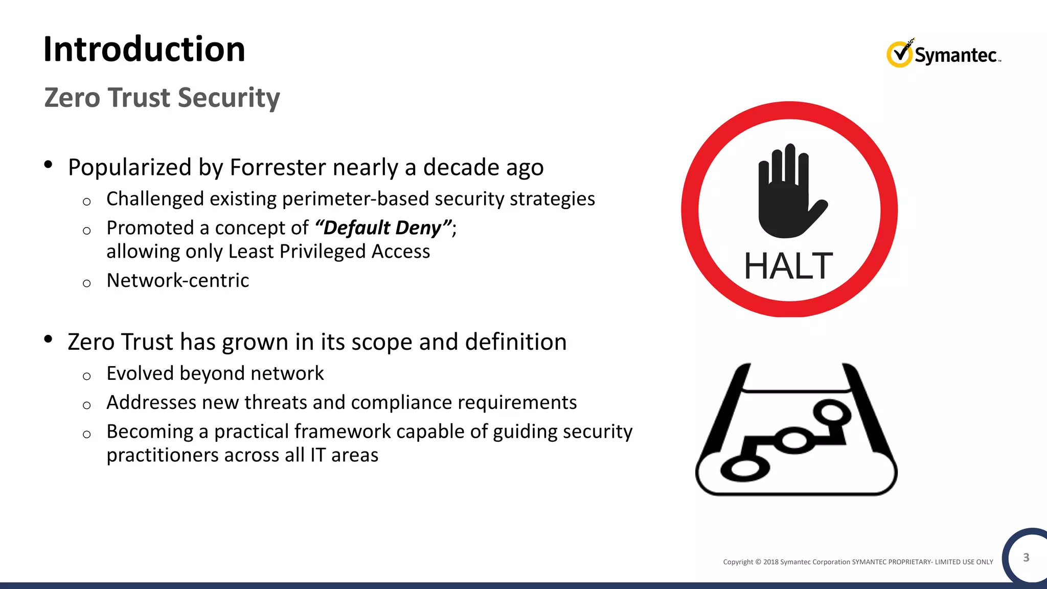 Copyright © 2018 Symantec Corporation SYMANTEC PROPRIETARY- LIMITED USE ONLY 3
Zero Trust Security
Introduction
• Popularized by Forrester nearly a decade ago
o Challenged existing perimeter-based security strategies
o Promoted a concept of “Default Deny”;
allowing only Least Privileged Access
o Network-centric
• Zero Trust has grown in its scope and definition
o Evolved beyond network
o Addresses new threats and compliance requirements
o Becoming a practical framework capable of guiding security
practitioners across all IT areas
 