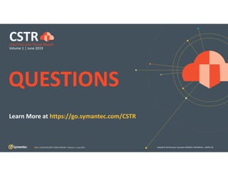 Copyright © 2019 Symantec Corporation SYMANTEC CONFIDENTIAL – LIMITED USE
QUESTIONS
Learn More at https://go.symantec.com/CSTR
CSTRCloud Security Threat Report
Volume 1 | June 2019
CSTR | CLOUD SECURITY THREAT REPORT | Volume 1 | June 2019
 