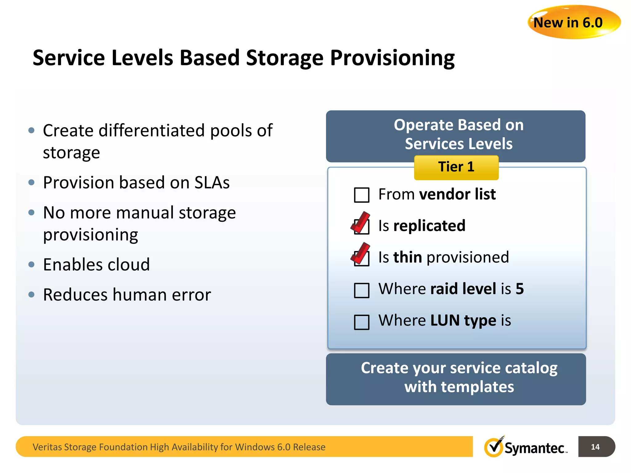 New in 6.0

Service Levels Based Storage Provisioning

• Create differentiated pools of                                           Operate Based on
                                                                            Services Levels
  storage
                                                                                 Tier 1
• Provision based on SLAs
                                                                         From vendor list
• No more manual storage
                                                                         Is replicated
  provisioning
• Enables cloud                                                          Is thin provisioned

• Reduces human error                                                    Where raid level is 5
                                                                         Where LUN type is

                                                                       Create your service catalog
                                                                            with templates


Veritas Storage Foundation High Availability for Windows 6.0 Release                                     14
 