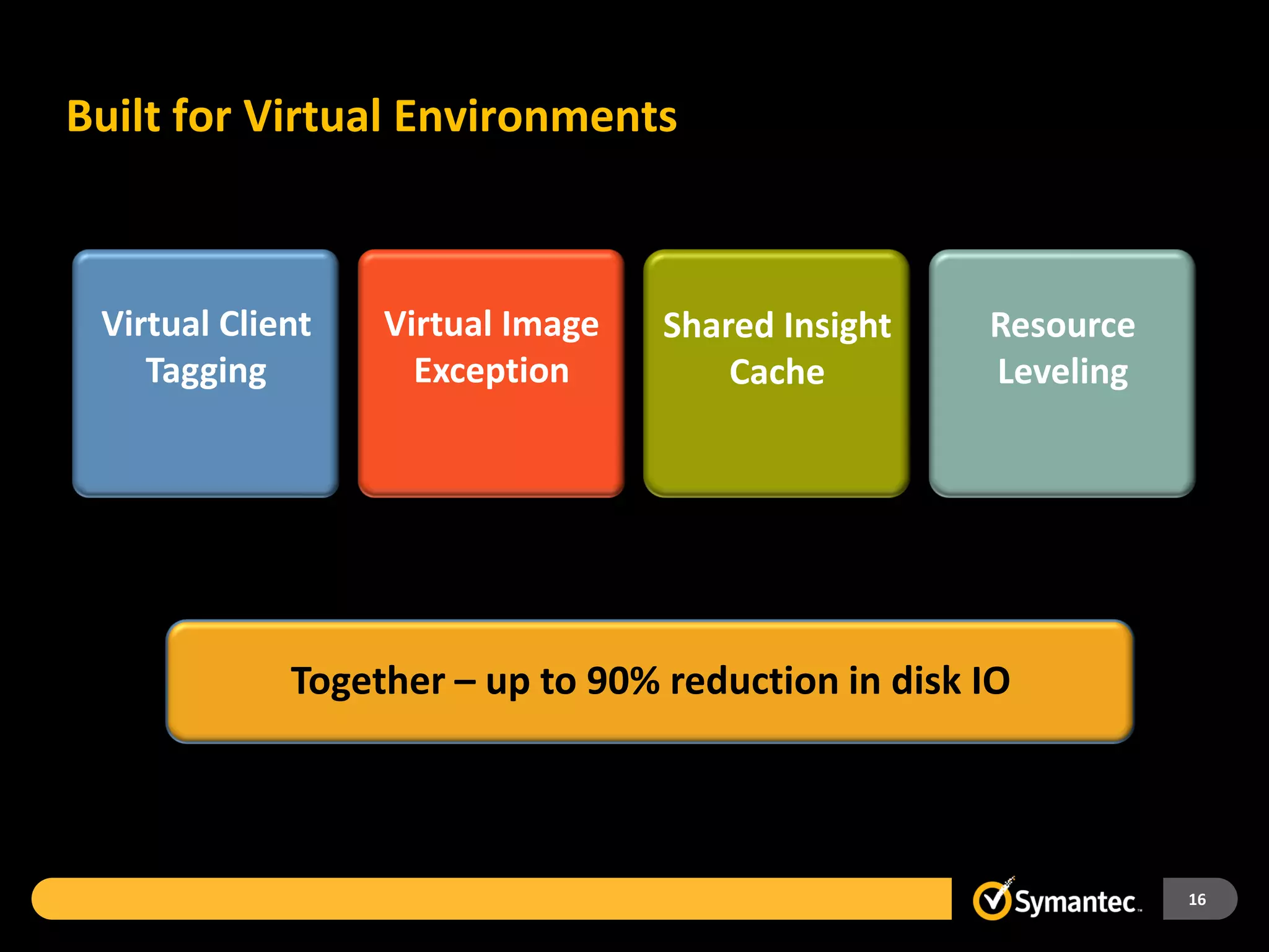 Built for Virtual Environments



 Virtual Client   Virtual Image   Shared Insight    Resource
    Tagging         Exception         Cache         Leveling




             Together – up to 90% reduction in disk IO



                                                               16
 
