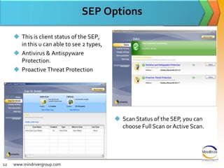 SEP OptionsThis is client status of the SEP, in this u can able to see 2 types,Antivirus & Antispyware Protection.Proactive Threat Protectionwww.mindrivergroup.comScan Status of the SEP, you can choose Full Scan or Active Scan.12