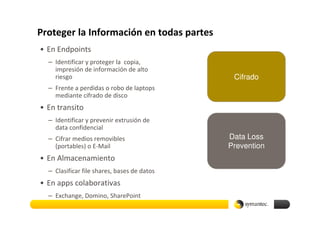 Proteger la Información en todas partes
• En Endpoints
  – Identificar y proteger la copia,
    impresión de información de alto
    riesgo                                    Cifrado
  – Frente a perdidas o robo de laptops
    mediante cifrado de disco
• En transito
  – Identificar y prevenir extrusión de
    data confidencial
  – Cifrar medios removibles                 Data Loss
    (portables) o E-Mail                     Prevention
• En Almacenamiento
  – Clasificar file shares, bases de datos
• En apps colaborativas
  – Exchange, Domino, SharePoint
 