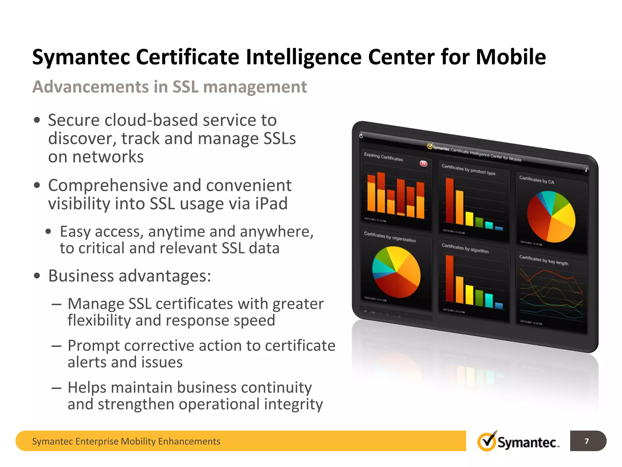 Symantec Certificate Intelligence Center for Mobile
Advancements in SSL management
• Secure cloud-based service to
  discover, track and manage SSLs
  on networks
• Comprehensive and convenient
  visibility into SSL usage via iPad
  • Easy access, anytime and anywhere,
    to critical and relevant SSL data
• Business advantages:
    – Manage SSL certificates with greater
      flexibility and response speed
    – Prompt corrective action to certificate
      alerts and issues
    – Helps maintain business continuity
      and strengthen operational integrity

Symantec Enterprise Mobility Enhancements             7
 
