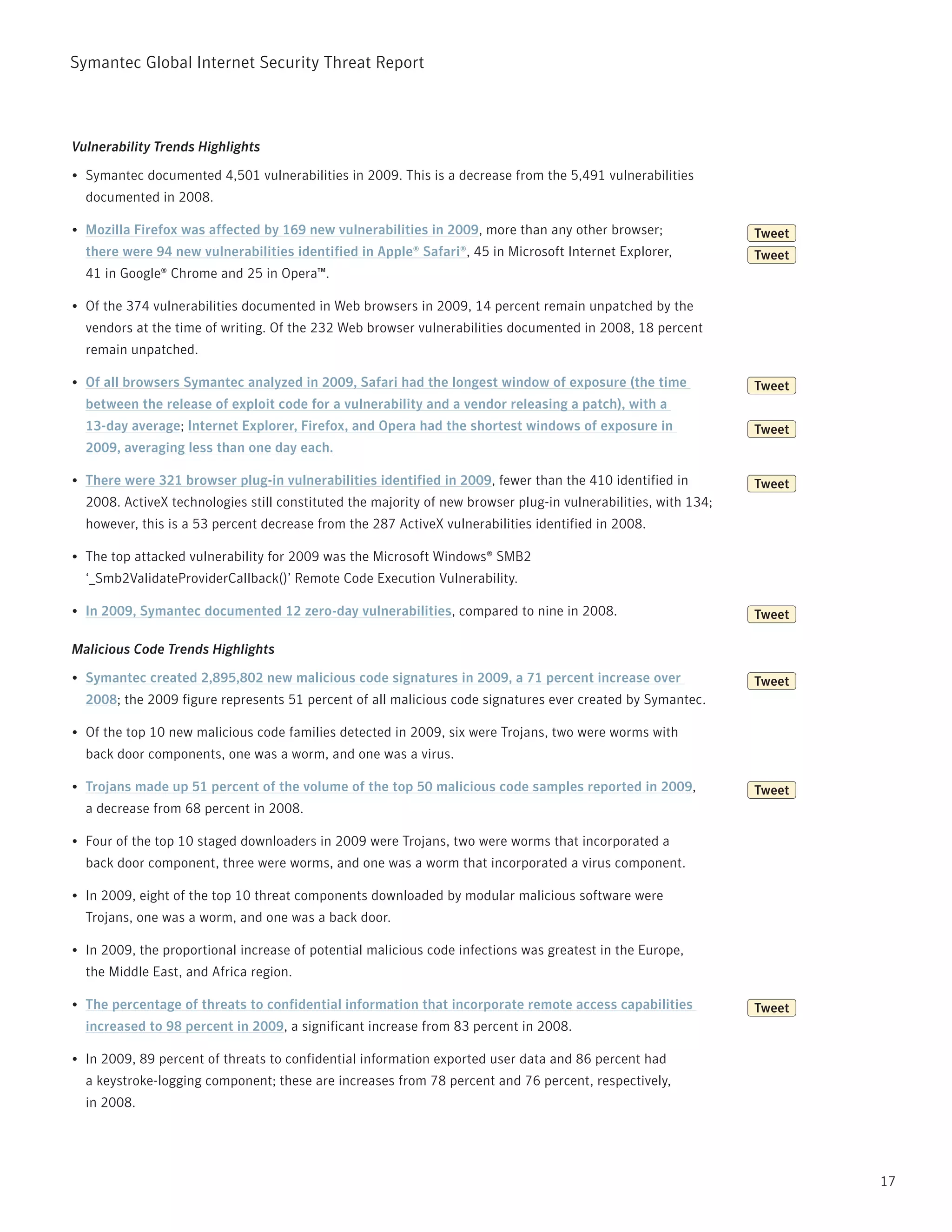 Symantec Global internet Security threat report



Vulnerability Trends Highlights

•	 Symantec documented 4,501 vulnerabilities in 2009. this is a decrease from the 5,491 vulnerabilities
  documented in 2008.

•	 Mozilla Firefox was affected by 169 new vulnerabilities in 2009, more than any other browser;                Tweet
  there were 94 new vulnerabilities identified in Apple® Safari®, 45 in Microsoft internet Explorer,            Tweet
  41 in Google® Chrome and 25 in Opera™.

•	 Of the 374 vulnerabilities documented in Web browsers in 2009, 14 percent remain unpatched by the
  vendors at the time of writing. Of the 232 Web browser vulnerabilities documented in 2008, 18 percent
  remain unpatched.

•	 Of all browsers Symantec analyzed in 2009, Safari had the longest window of exposure (the time               Tweet
  between the release of exploit code for a vulnerability and a vendor releasing a patch), with a
  13-day average; Internet Explorer, Firefox, and Opera had the shortest windows of exposure in                 Tweet
  2009, averaging less than one day each.

•	 There were 321 browser plug-in vulnerabilities identified in 2009, fewer than the 410 identified in          Tweet
  2008. ActiveX technologies still constituted the majority of new browser plug-in vulnerabilities, with 134;
  however, this is a 53 percent decrease from the 287 ActiveX vulnerabilities identified in 2008.

•	 the top attacked vulnerability for 2009 was the Microsoft Windows® SMB2
  ‘_Smb2ValidateproviderCallback()’ remote Code Execution Vulnerability.

•	 In 2009, Symantec documented 12 zero-day vulnerabilities, compared to nine in 2008.                          Tweet

Malicious Code Trends Highlights

•	 Symantec created 2,895,802 new malicious code signatures in 2009, a 71 percent increase over                 Tweet
  2008; the 2009 figure represents 51 percent of all malicious code signatures ever created by Symantec.

•	 Of the top 10 new malicious code families detected in 2009, six were trojans, two were worms with
  back door components, one was a worm, and one was a virus.

•	 Trojans made up 51 percent of the volume of the top 50 malicious code samples reported in 2009,              Tweet
  a decrease from 68 percent in 2008.

•	 Four of the top 10 staged downloaders in 2009 were trojans, two were worms that incorporated a
  back door component, three were worms, and one was a worm that incorporated a virus component.

•	 in 2009, eight of the top 10 threat components downloaded by modular malicious software were
  trojans, one was a worm, and one was a back door.

•	 in 2009, the proportional increase of potential malicious code infections was greatest in the Europe,
  the Middle East, and Africa region.

•	 The percentage of threats to confidential information that incorporate remote access capabilities            Tweet
  increased to 98 percent in 2009, a significant increase from 83 percent in 2008.

•	 in 2009, 89 percent of threats to confidential information exported user data and 86 percent had
  a keystroke-logging component; these are increases from 78 percent and 76 percent, respectively,
  in 2008.




                                                                                                                        17
 