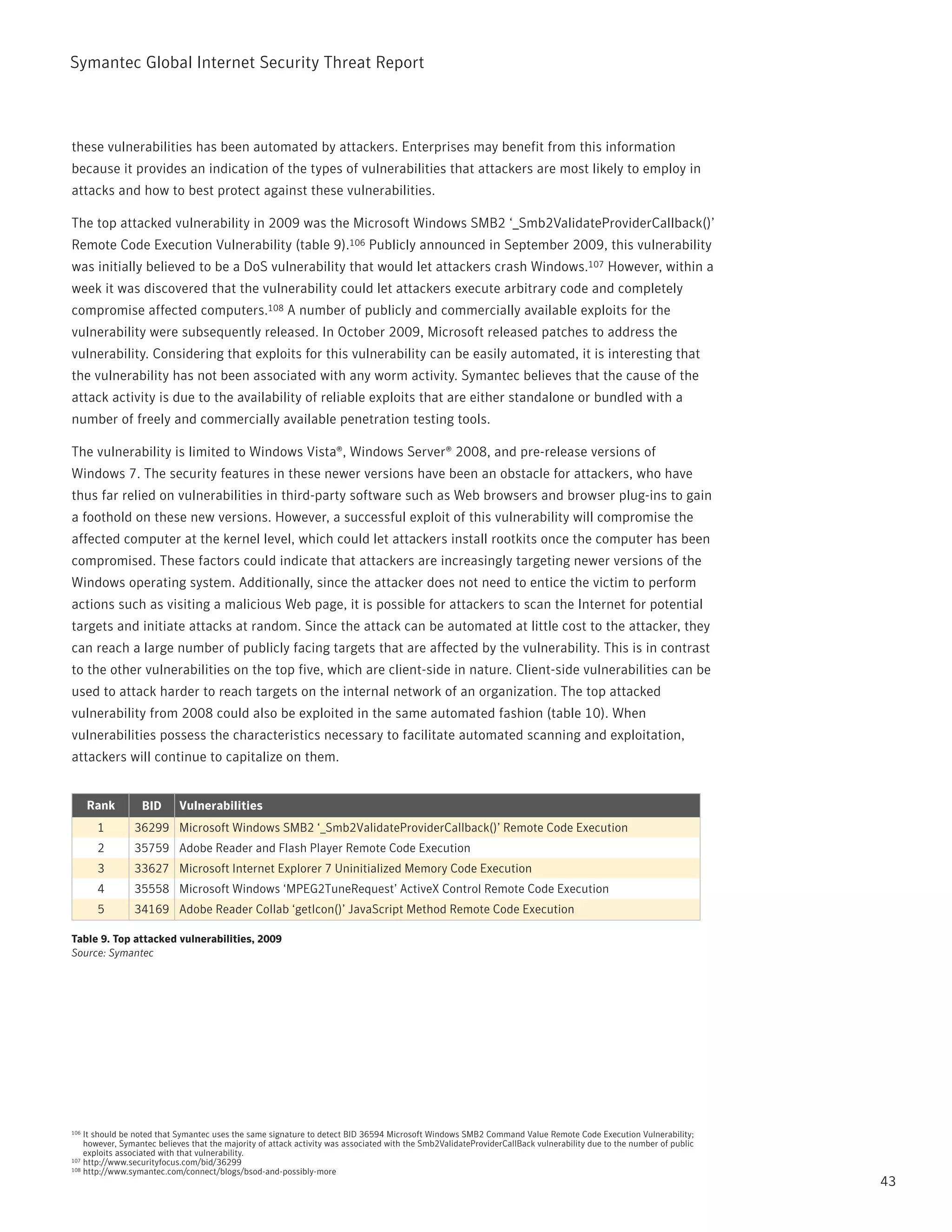 Symantec Global internet Security threat report



these vulnerabilities has been automated by attackers. Enterprises may benefit from this information
because it provides an indication of the types of vulnerabilities that attackers are most likely to employ in
attacks and how to best protect against these vulnerabilities.

the top attacked vulnerability in 2009 was the Microsoft Windows SMB2 ‘_Smb2ValidateproviderCallback()’
remote Code Execution Vulnerability (table 9).106 publicly announced in September 2009, this vulnerability
was initially believed to be a DoS vulnerability that would let attackers crash Windows.107 However, within a
week it was discovered that the vulnerability could let attackers execute arbitrary code and completely
compromise affected computers.108 A number of publicly and commercially available exploits for the
vulnerability were subsequently released. in October 2009, Microsoft released patches to address the
vulnerability. Considering that exploits for this vulnerability can be easily automated, it is interesting that
the vulnerability has not been associated with any worm activity. Symantec believes that the cause of the
attack activity is due to the availability of reliable exploits that are either standalone or bundled with a
number of freely and commercially available penetration testing tools.

the vulnerability is limited to Windows Vista®, Windows Server® 2008, and pre-release versions of
Windows 7. the security features in these newer versions have been an obstacle for attackers, who have
thus far relied on vulnerabilities in third-party software such as Web browsers and browser plug-ins to gain
a foothold on these new versions. However, a successful exploit of this vulnerability will compromise the
affected computer at the kernel level, which could let attackers install rootkits once the computer has been
compromised. these factors could indicate that attackers are increasingly targeting newer versions of the
Windows operating system. Additionally, since the attacker does not need to entice the victim to perform
actions such as visiting a malicious Web page, it is possible for attackers to scan the internet for potential
targets and initiate attacks at random. Since the attack can be automated at little cost to the attacker, they
can reach a large number of publicly facing targets that are affected by the vulnerability. this is in contrast
to the other vulnerabilities on the top five, which are client-side in nature. Client-side vulnerabilities can be
used to attack harder to reach targets on the internal network of an organization. the top attacked
vulnerability from 2008 could also be exploited in the same automated fashion (table 10). When
vulnerabilities possess the characteristics necessary to facilitate automated scanning and exploitation,
attackers will continue to capitalize on them.


      Rank        BID       Vulnerabilities
       1        36299 Microsoft Windows SMB2 ‘_Smb2ValidateProviderCallback()’ Remote Code Execution
       2        35759 Adobe Reader and Flash Player Remote Code Execution
       3        33627 Microsoft Internet Explorer 7 Uninitialized Memory Code Execution
       4        35558 Microsoft Windows ‘MPEG2TuneRequest’ ActiveX Control Remote Code Execution
       5        34169 Adobe Reader Collab ‘getIcon()’ JavaScript Method Remote Code Execution

Table 9. Top attacked vulnerabilities, 2009
Source: Symantec




106 it should be noted that Symantec uses the same signature to detect BiD 36594 Microsoft Windows SMB2 Command Value remote Code Execution Vulnerability;
    however, Symantec believes that the majority of attack activity was associated with the Smb2ValidateproviderCallBack vulnerability due to the number of public
    exploits associated with that vulnerability.
107 http://www.securityfocus.com/bid/36299
108 http://www.symantec.com/connect/blogs/bsod-and-possibly-more

                                                                                                                                                                     43
 