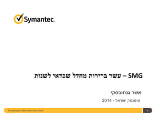 Presentation Identifier Goes Here 1
SMG–‫לשנות‬ ‫שכדאי‬ ‫מחדל‬ ‫ברירות‬ ‫עשר‬
‫גנחובסקי‬ ‫אשר‬
‫ישראל‬ ‫סימנטק‬-2014
 