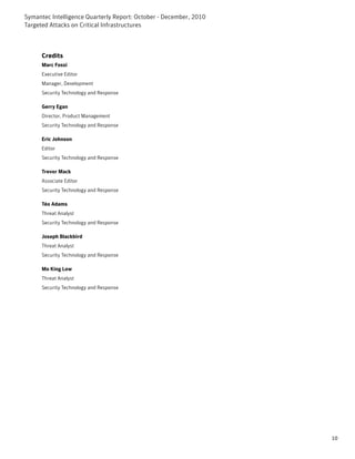 Symantec Intelligence Quarterly Report: October - December, 2010
Targeted Attacks on Critical Infrastructures



      Credits
      Marc Fossi
      Executive Editor
      Manager, Development
      Security Technology and Response

      Gerry Egan
      Director, Product Management
      Security Technology and Response

      Eric Johnson
      Editor
      Security Technology and Response

      Trevor Mack
      Associate Editor
      Security Technology and Response

      Téo Adams
      Threat Analyst
      Security Technology and Response

      Joseph Blackbird
      Threat Analyst
      Security Technology and Response

      Mo King Low
      Threat Analyst
      Security Technology and Response




                                                                   10
 