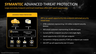 16Copyright © 2016 Symantec Corporation
SYMANTEC ADVANCED THREAT PROTECTION
Large and sticky Endpoint and Email install base offers ATP upsell opportunity
ATP is an upsell opportunity into endpoint andemail security
install base
• 370k customers representing 110 million endpoint security
devices
• 45K email customers representing 15.4M end users
• Current ASP for endpoint security is mid single digits
• Upsell opportunity is $15-$25 per endpoint
• Competitors charging upwards of $40 per endpoint per module
• $2b ATP up-sell opportunity over 3-5 years
ADVANCED THREAT PROTECTION
Global Intelligence Exported Data
Detect Prioritize
Advanced Threat
Protection
Investigate Remediate
Endpoint
Security
Network
Security
Email
Security
3rd party
 