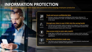 17Copyright © 2016 Symantec Corporation
Data Loss
Prevention
Encryption
Identity Access
Manager
Validation and ID
Protection (VIP)
INFORMATION PROTECTION
Our Information Protection portfolio keeps data protected while keeping employees productive
Track and secure confidential data
Discover, monitor, and protect confidential information wherever it’s
stored and however it’s used—on mobile devices, within data centers, or
in the cloud
Encrypt your data in case it falls into the wrong hands
Full-disk and removable media encryption for endpoints, email encryption
secures sensitive communications, and file share encryption protects files
on shared network drives and in the cloud
Give access only to users who need it
Single Sign-on (SSO) with strong authentication, access control, and user
management, to control who accesses internal and 3rd-party cloud-based
applications
Strong authentication made easy
Two-factor and risk-based tokenless authentication prevents unauthorized
access to sensitive networks and applications
 