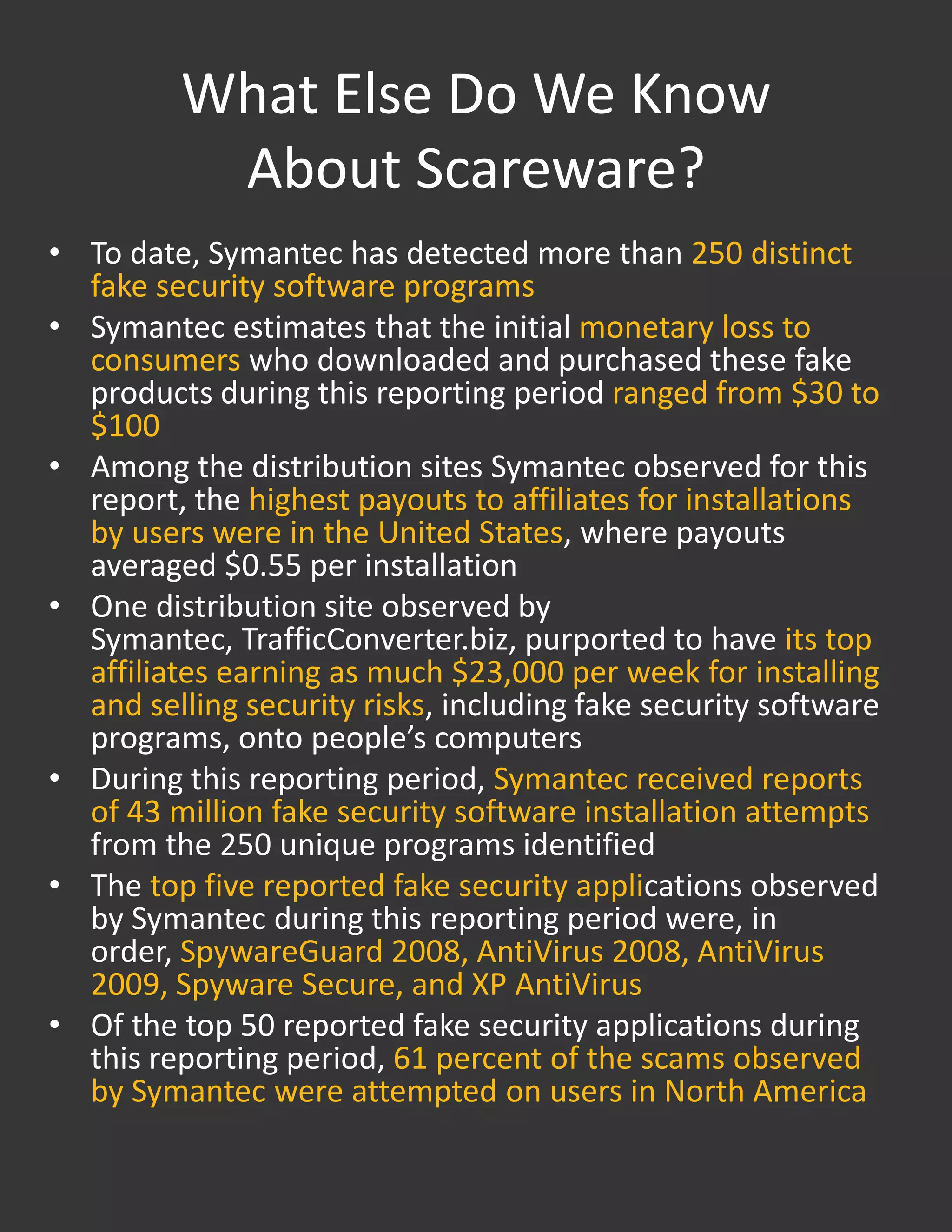 Scareware scammers may use the personal information provided by the victim to purchase the fake security software to commit fraud, including identity theft