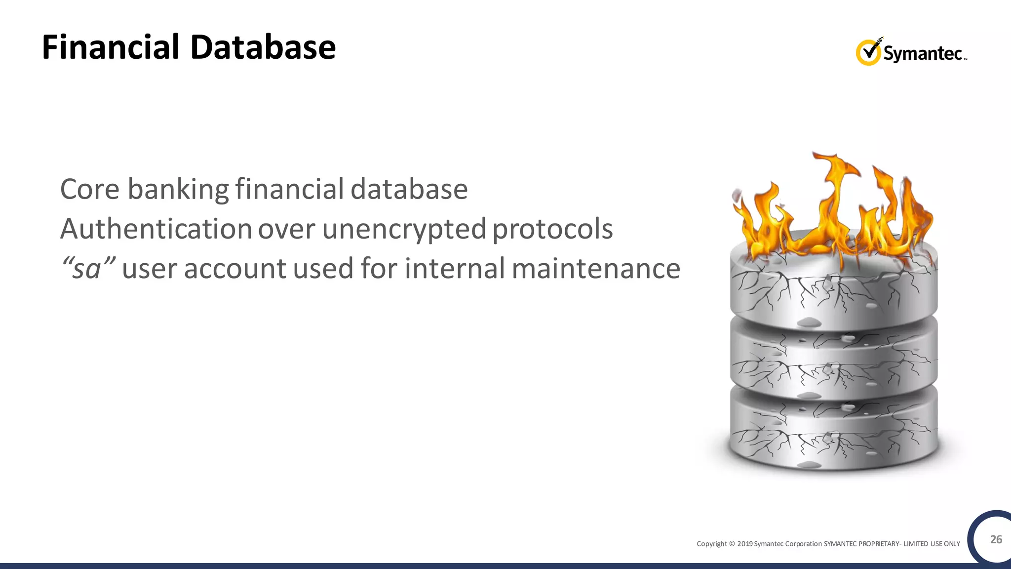 Copyright © 2019 Symantec Corporation SYMANTEC PROPRIETARY- LIMITED USE ONLY
Core banking financial database
Authenticationover unencryptedprotocols
“sa” user account used for internal maintenance
Financial Database
26
 
