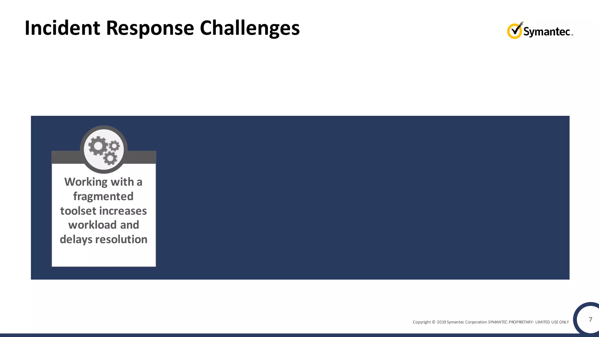 Copyright © 2019 Symantec Corporation SYMANTEC PROPRIETARY- LIMITED USE ONLY
Incident Response Challenges
7
Working with a
fragmented
toolset increases
workload and
delays resolution
 