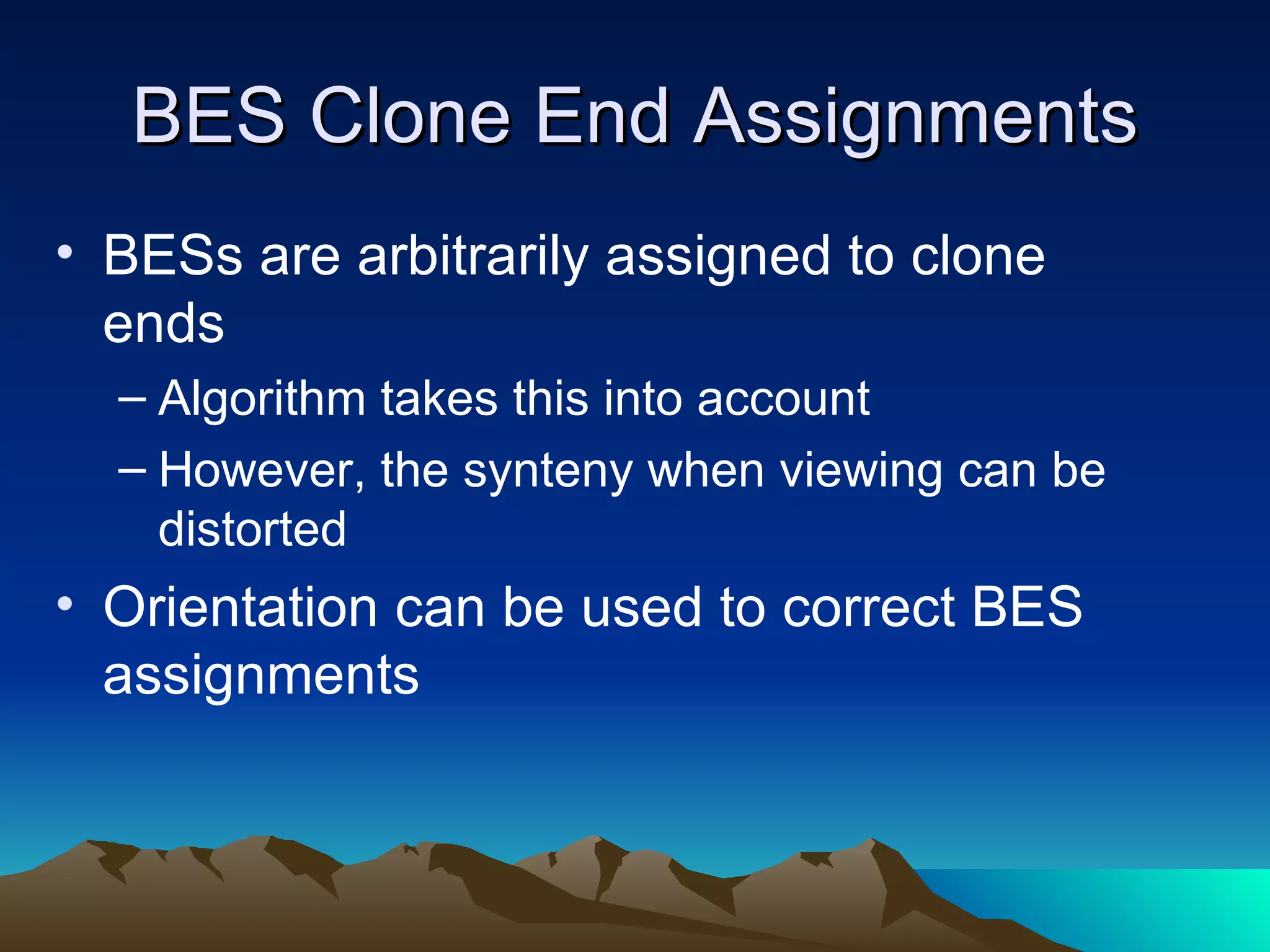BES Clone End Assignments BESs are arbitrarily assigned to clone ends Algorithm takes this into account However, the synteny when viewing can be distorted Orientation can be used to correct BES assignments 