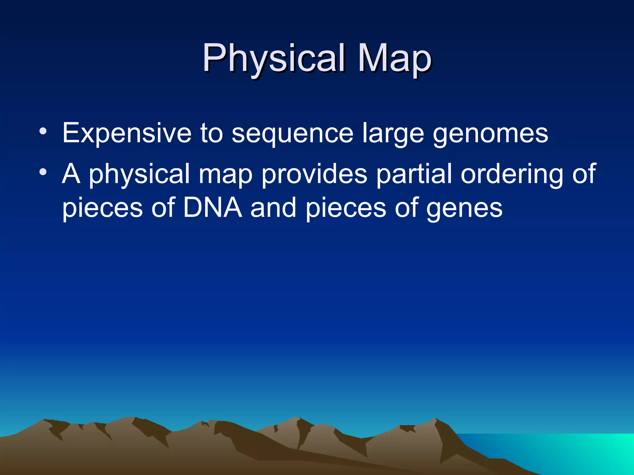 Physical Map Expensive to sequence large genomes A physical map provides partial ordering of pieces of DNA and pieces of genes 