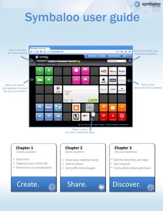 Symbaloo user guide




• Chapter 1                   • Chapter 2                  • Chapter 3
  Create a webmix               Share a webmix               Discover webmixes

• Save time                   • Share your webmix easily   • Get the best links per topic
• Organize your online life   • Inform others              • Get inspired
• Never lose your bookmarks   • Get traffic from Google    • Find useful school webmixes




  Create.                         Share.                    Discover.
 