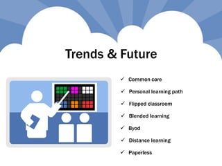 Trends & Future
 Personal learning path
 Blended learning
 Byod
 Distance learning
 Flipped classroom
 Common core
 Paperless
 