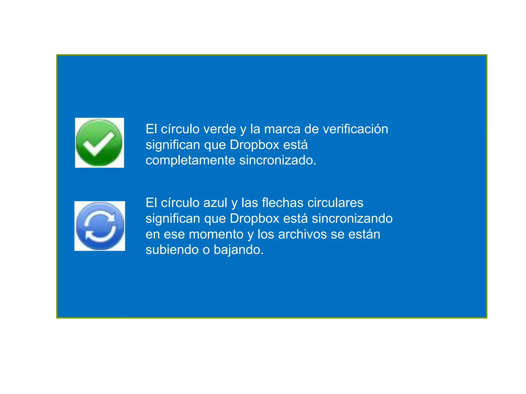 El círculo verde y la marca de verificación 
significan que Dropbox está 
completamente sincronizado. 
El círculo azul y las flechas circulares 
significan que Dropbox está sincronizando 
en ese momento y los archivos se están 
subiendo o bajando. 
