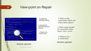 View-point on Repair
KLEE Workshop London 2018
28
1. Where to fix –
in which line?
2. Generate the
candidate patches in
th...