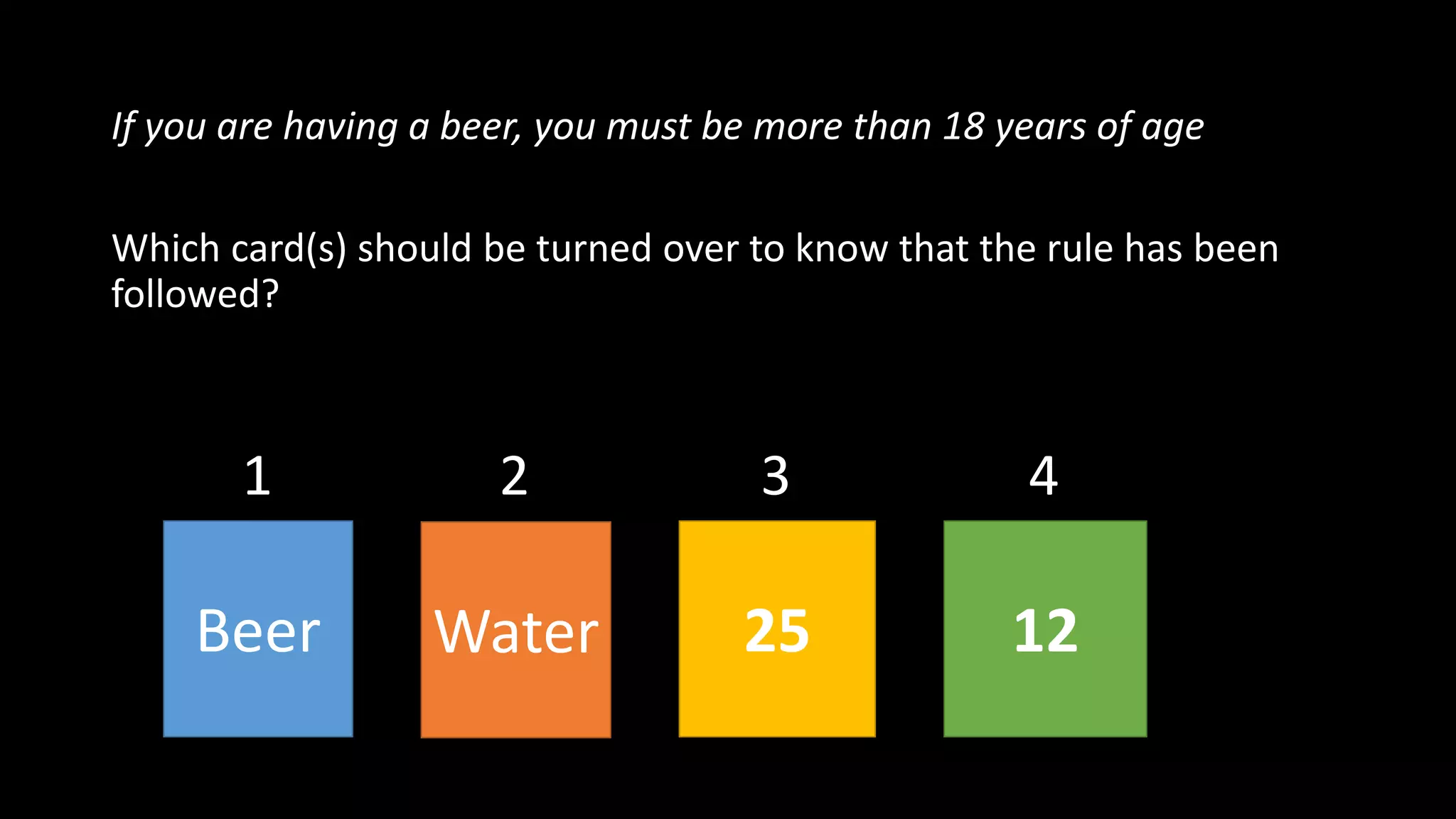 If you are having a beer, you must be more than 18 years of age
Which card(s) should be turned over to know that the rule has been
followed?
Beer Water 25 12
21 43
 