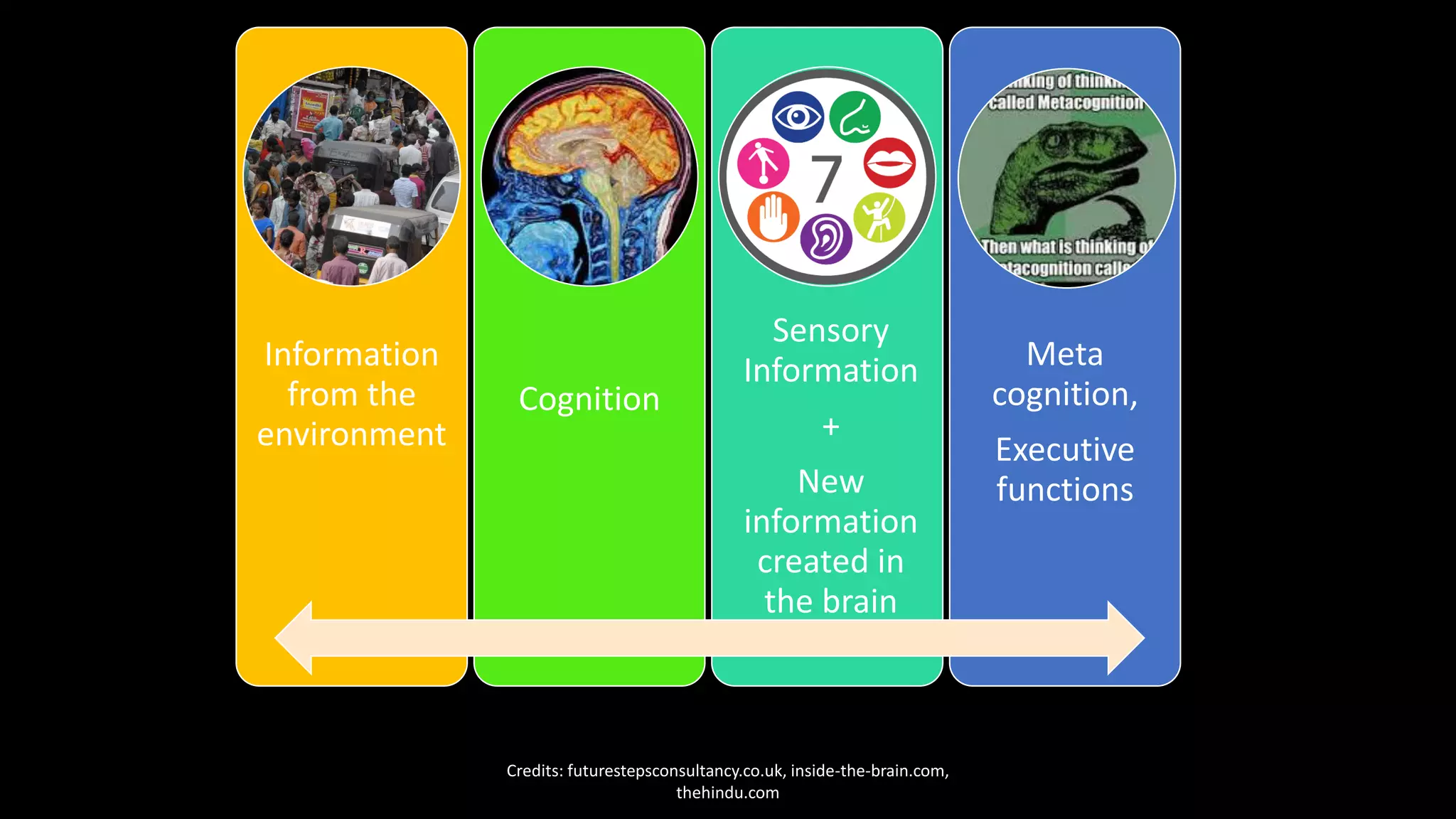 Information
from the
environment
Cognition
Sensory
Information
+
New
information
created in
the brain
Meta
cognition,
Executive
functions
Credits: futurestepsconsultancy.co.uk, inside-the-brain.com,
thehindu.com
 