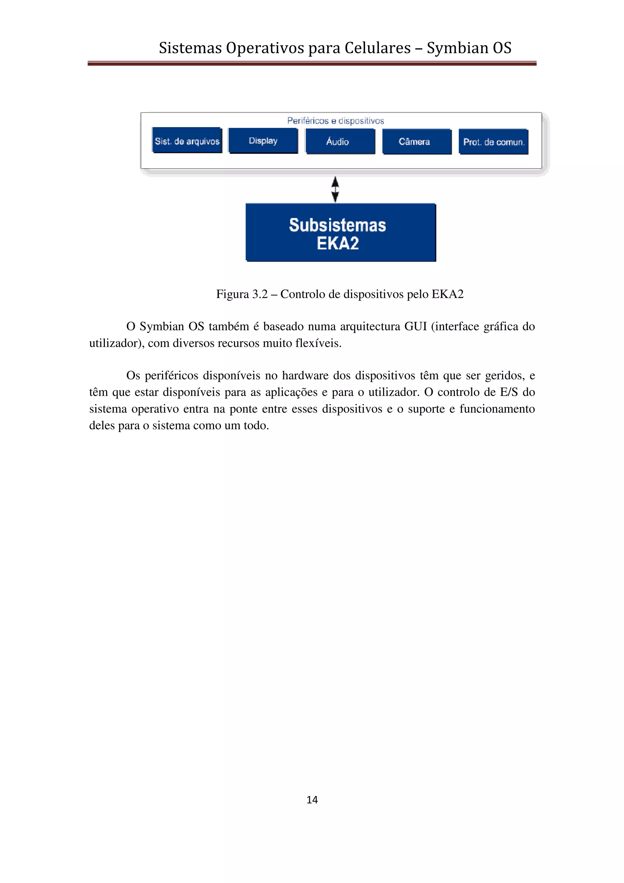 Sistemas Operativos para Celulares – Symbian OS
14
Figura 3.2 – Controlo de dispositivos pelo EKA2
O Symbian OS também é baseado numa arquitectura GUI (interface gráfica do
utilizador), com diversos recursos muito flexíveis.
Os periféricos disponíveis no hardware dos dispositivos têm que ser geridos, e
têm que estar disponíveis para as aplicações e para o utilizador. O controlo de E/S do
sistema operativo entra na ponte entre esses dispositivos e o suporte e funcionamento
deles para o sistema como um todo.
 