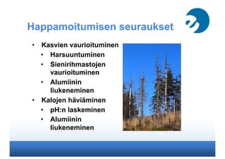 Happamoitumisen seuraukset
•  Kasvien vaurioituminen
•  Harsuuntuminen
•  Sienirihmastojen
vaurioituminen
•  Alumiinin
liukeneminen
•  Kalojen häviäminen
•  pH:n laskeminen
•  Alumiinin
liukeneminen
 