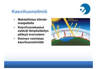 Kasvihuoneilmiö
•  Mahdollistaa elämän
maapallolla
•  Kasvihuonekaasut
estävät lämpösäteilyn
pääsyä avaruuteen
•  Ihminen voimistaa
kasvihuoneilmiötä
www.shutterstock.com
 