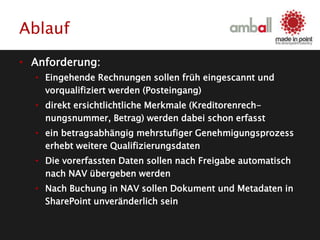 Ablauf
• Anforderung:
• Eingehende Rechnungen sollen früh eingescannt und
vorqualifiziert werden (Posteingang)
• direkt ersichtlichtliche Merkmale (Kreditorenrech-
nungsnummer, Betrag) werden dabei schon erfasst
• ein betragsabhängig mehrstufiger Genehmigungsprozess
erhebt weitere Qualifizierungsdaten
• Die vorerfassten Daten sollen nach Freigabe automatisch
nach NAV übergeben werden
• Nach Buchung in NAV sollen Dokument und Metadaten in
SharePoint unveränderlich sein
 