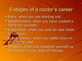 5 stages of a doctor’s career Entry, when you are starting out;  Establishment, when you have created a name for yourself;  Exploration, when you look for new fields to conquer;  Specialization , when you settle down in your niche; and Mastery, when you establish yourself as the Expert in your area of interest. 
